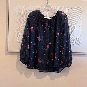Astr The Label Women's SZ M Navy w/ White Dot Pink Flowers Shirt Top Blouse